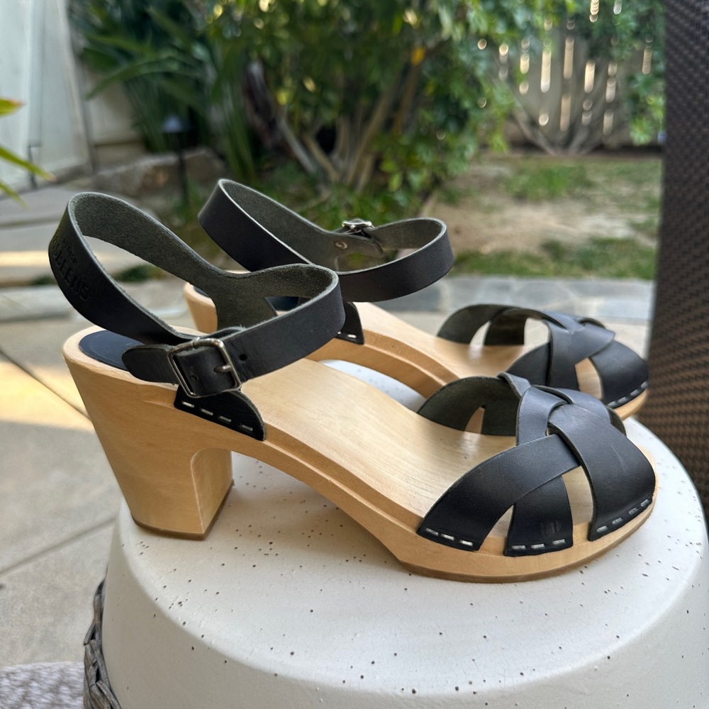 Swedish Hasbeens Black Leather Clog Sandals